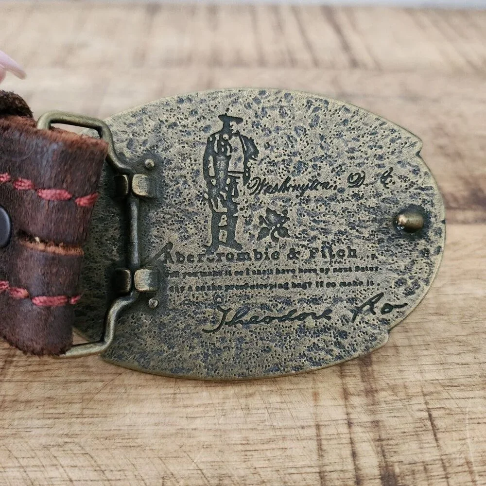 Vintage Abercrombie & Fitch Moose Brass Belt Buckle Brown Leather 34 - Picture 2 of 8